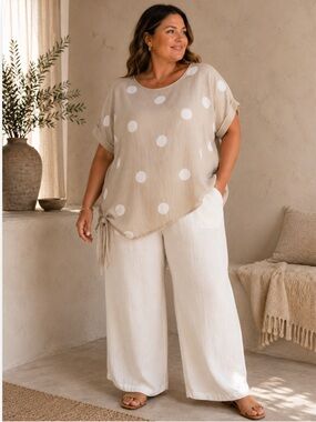 Charlie B Linen Cotton Polka Dot Top XXL Beige White Oversized Dolman Asymmetric